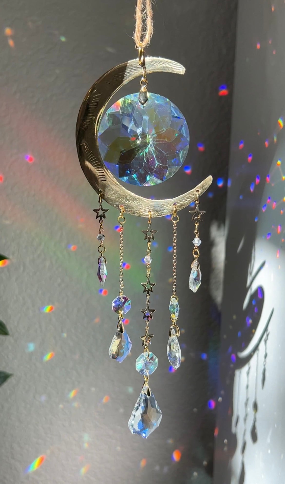 Suncatcher – Gold Crescent Moon & Sun Charms with Iridescent Beads – A Time  for Karma